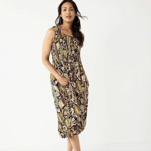 Croft & Barrow Leaf Print Midi Dress - Black and Yellow